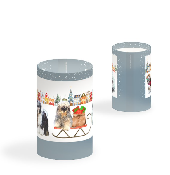 Windlicht „Christmas Village – Tibetan Terrier Joy“